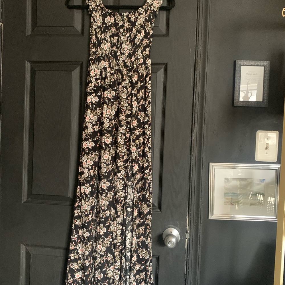 American Eagle Outfitters Black Maxi Dress with Pink and Cream Floral Print